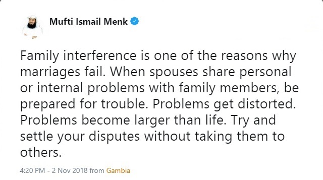 Family interference is one of the reasons why marriages fail - Mufti Menk