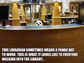 Library librarian wears panda hat at work