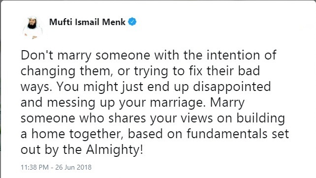 Dont marry someone with the intention of chaging them or trying to fix their bad ways - Mufti Menk